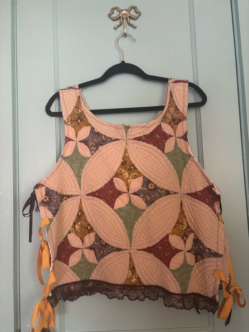 Handmade Quilted Patchwork Tan with Lace Trim
